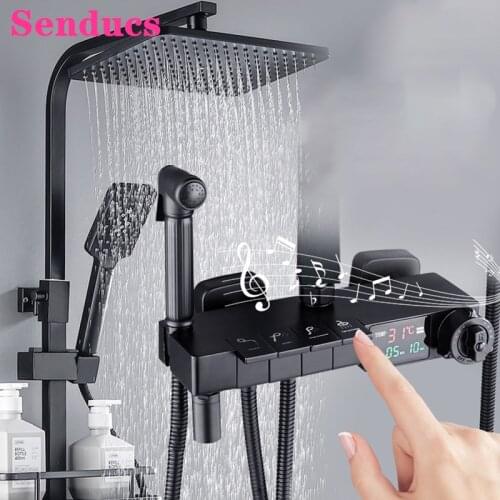 Music Thermostatic Shower Set Senducs Quality Brass Bathtub Mixer Faucets Rainfall Shower Head Piano Digital Bathroom Shower Set