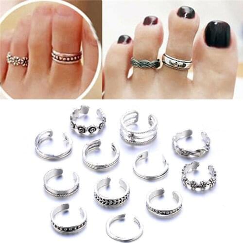 Hot 12pcs Foot Ring Set Women Summer Beach Unique Adjustable Opening Carved Toe Ring Vintage Foot Jewelry Accessories Gifts