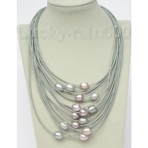 Genuine 15row 14mm purple Gray pearls leather necklace magnet clasp new