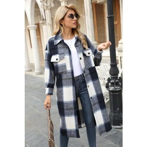 2021 winter new fashion casual woolen plaid coat lapel long-sleeved single-breasted long large pocket jacket