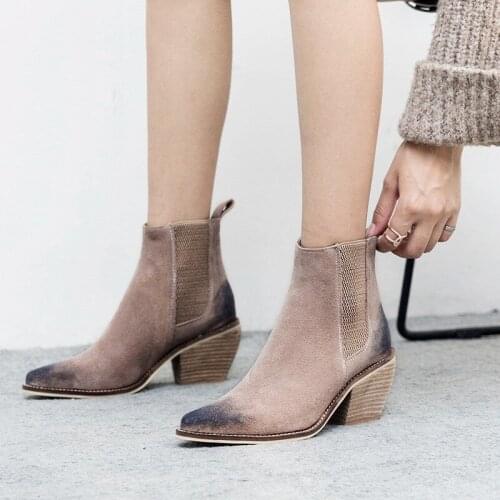 New Pointed Toe Womens Mid High Heel Shoes Ankle Boots Thick Heel Womens Suede Single Boots Retro Pumps Plus Size 35-43