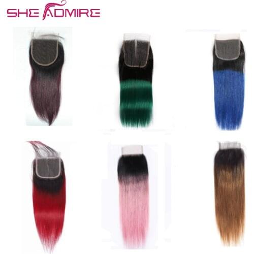 Straight Ombre Human Hair 4X4 Closure Pre Plucked 1B/99J/30/Green/Red/Pink/Blue SheAdmire Brazilian Remy Color 4x4 Lace Closure