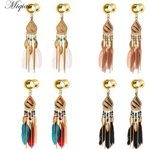 Miqiao 2Pcs Stainless Steel Ear Gauges Water Drop Feather Tassel Earrings Body Piercing Ear Expander 6-25mm