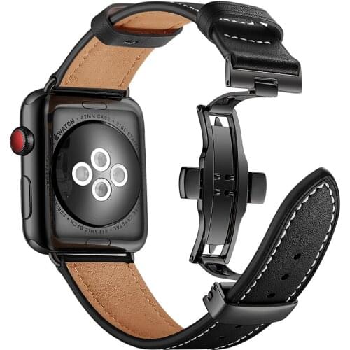 Good Quality Genuine Leather Watchband For Apple Watch 6 5 4 3 2 1 SE Butterfly Clasp Strap For iWatch Band 44mm 40mm 42mm 38mm