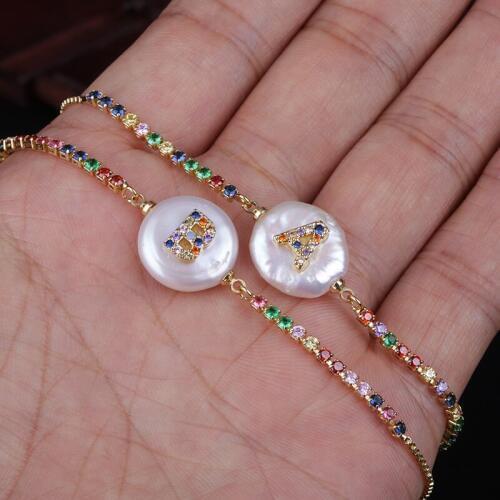 Mix color rainbow cz initial 26 alphabet letter name charm coin pearl bead dainty wedding birthday gold link bracelets for women