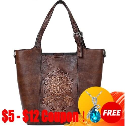 CGA Vintage Style Handbags For Women Designer Luxury Large Capacity Bucket Totes Bag Cowhide Handmade Embossing Shoulder Bags