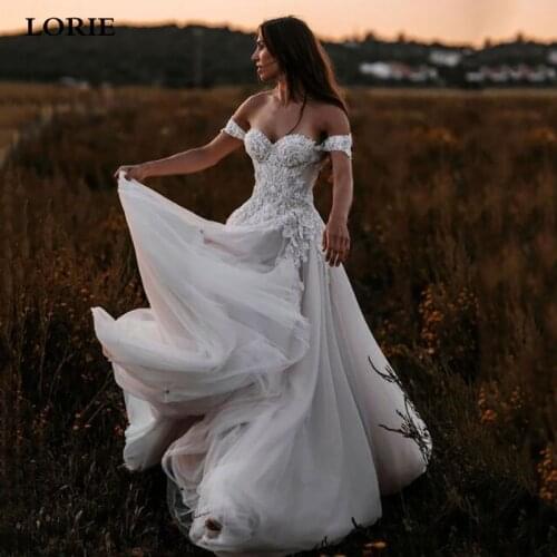 LORIE Ivory Modest Vintage Lace Wedding Dresses A Line Sweetheart Bridal Gowns 2021 Off The Shoulder Boho Wedding Gowns