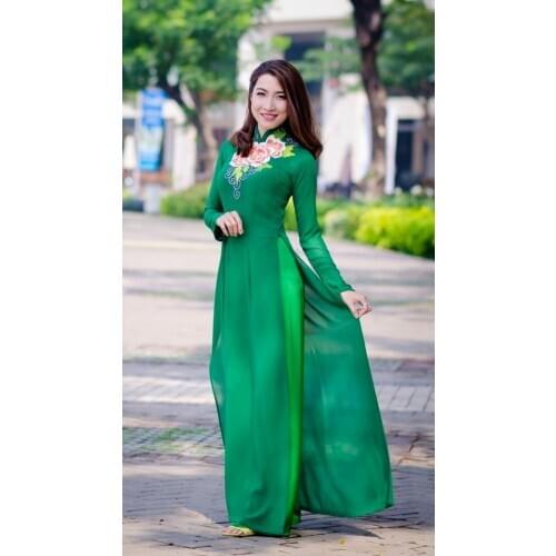 Green Peony tailored aodai vietnam dress cheongsam vietnamese traditionally dress oriental costumes pants and robe