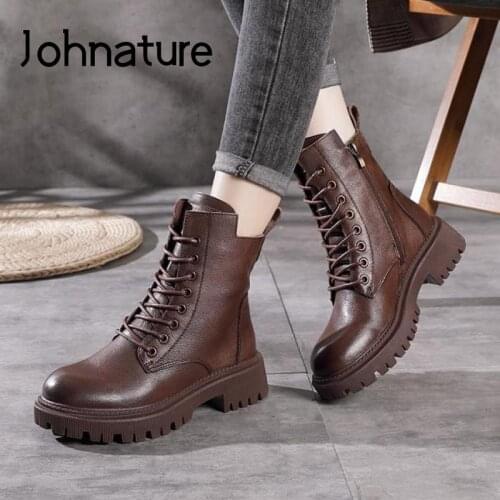 Johnature Winter Ankle Women Boots Shoes Genuine Leather Zip Round Toe Lace-Up Sewing Handmade Concise Fashion Platform Boots