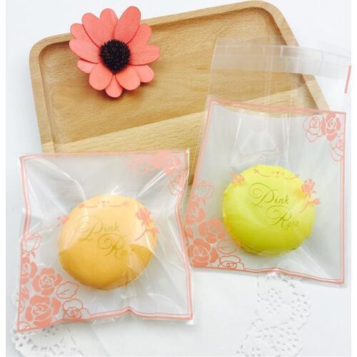 100pcs Self-adhesive Plastic Cookie Bags Transparent Pink Rose Cookie Bag Candy Biscuit Cake Bags Box Gift Packaging Bag