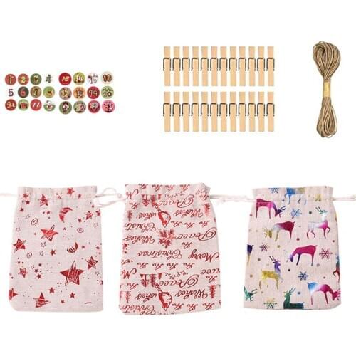 24Pcs Hanging Christmas Advent Calendar Kids Diy Supplies Christmas Gift Set Candy Bag Cloth Bag Lovely Ornaments Decorations