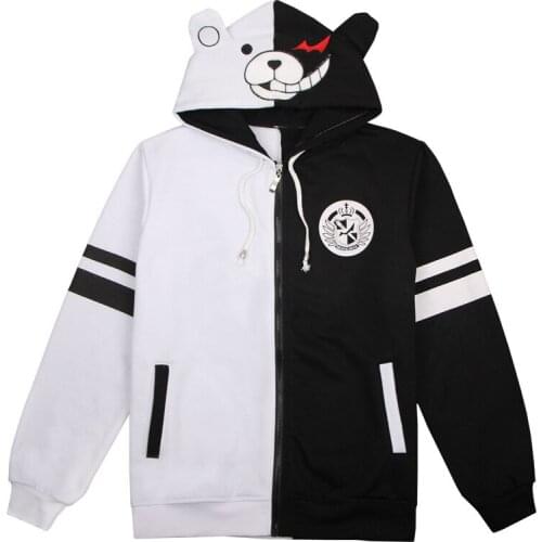Danganronpa Cosplay Black and White Bear Hoodie Sweatshirt Long Sleeve 3d Printed Cotton Coat Jacket with Hat Halloween
