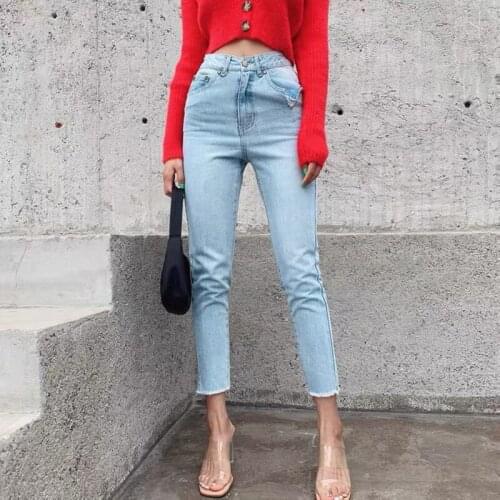 Jeans woman high waist pocket hole design sense of slim jeans ins fashion casual slim nine-point pants