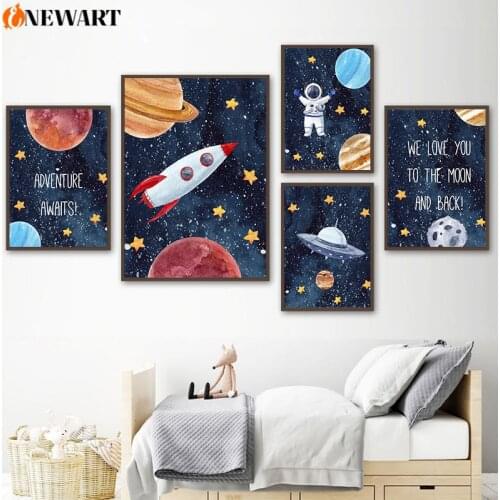 Outer Space Canvas Painting Wall Art For Kids Room Nursery Poster Print Spaceship Jupiter Boy Bedroom Decorative Picture Decor