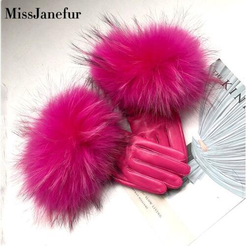 Leather Gloves Raccoon Fur Cuff Genuine Sheep Leather Colorful Women Fashion Winter Gloves Long Finger Leather Driving Gloves