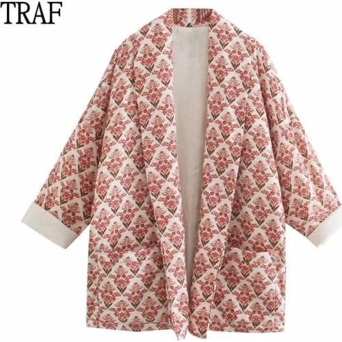 TRAF Za 2021 Women jackets Autumn Vintage Print Long Sleeve Top Women Clothing Coat Woman Loose Pocket Chic Jacket Female Coat