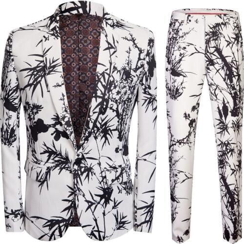 Panda Bamboo Printed Men Suit New Slim Fit 2 Pieces Business Activity Stage Show Dress Suits Blazers Pants White Wedding Party