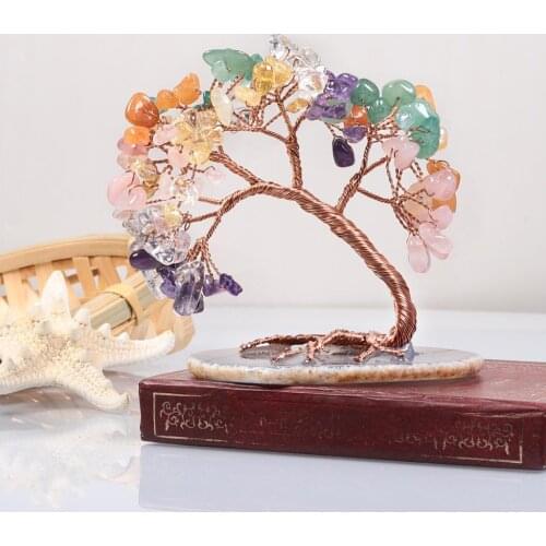 Natural Crystal Pine Cypress Tree With Slice Agate Base Colorful Slice Mineral Specimen For Lucky Room Decor Office Ornaments