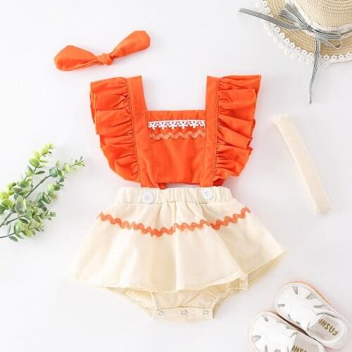 2021 New Casual Baby Clothes Newborn Infant Baby Girl Summer Sleeveless Ruffle Splicing Romper+Headbands Suit Vêtements de bébé