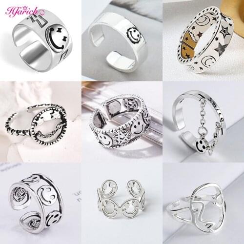 New Fashion Punk Vintage Happy Smile Face Silver Color Open Finger Rings Stackable Adjustable For Women Jewelry Special Gift