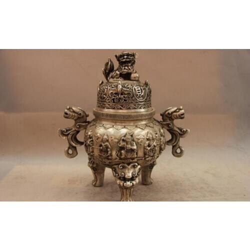 Song voge gem S1303 China White Copper Silver Foo Dog Lion Dragon Bat Buddha Incense Burner Censer