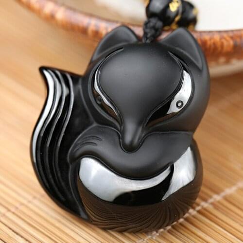 Natural Obsidian Pendant Hand Carved Fox With Chain Lucky Amulet Men Women Lover Necklace Female Male Crystal Jewelry