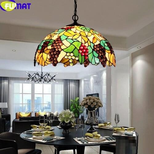 FUMAT Tiffany Handcraft Style Antique Light Red Purple Green Grape Leaf Single Pendant Lamp Luxours Art Home Decor Stained Glass