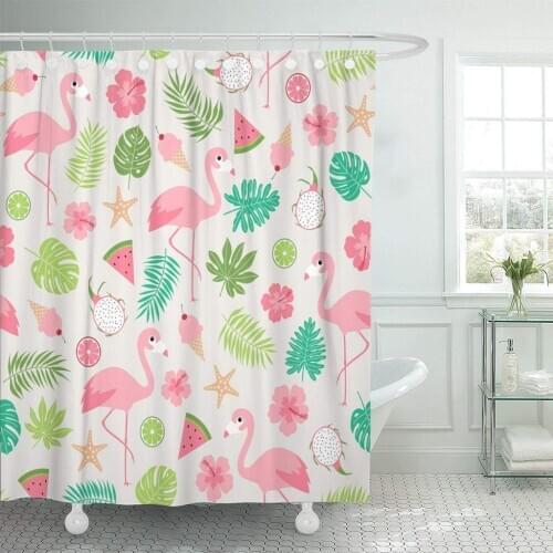 Pink Pastel Tropical Summer Flamingo Hibiscus Fruits and Botanical Shower Curtain Waterproof Polyester Fabric 72 x 78 Inches Set