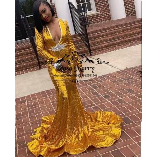 Sexy Gold Sequined Mermaid Prom Dresses 2K20 Deep V Neck Long Sleeves Plus Size African Girls 2020 Formal vestido de fiesta