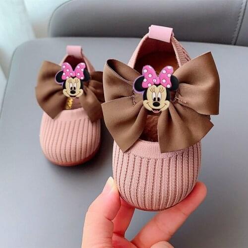 Disney Minnie casual shoes 2021 girls leather shoes new bow square mouth little princess baby soft bottom toddler shoes