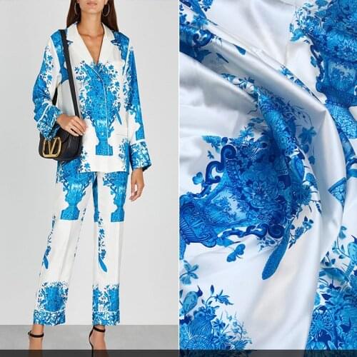 Spring/Summer V brand new same paragraph blue bottle flower silk stretch satin womens clothing high customized surface fabric