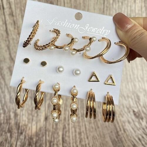 Vienkim Fashion Pearl Hoop Earrings Set For Women Geometirc Gold Metal Circle Hoop Earrings Brincos 2021 Trend Jewelry Gift