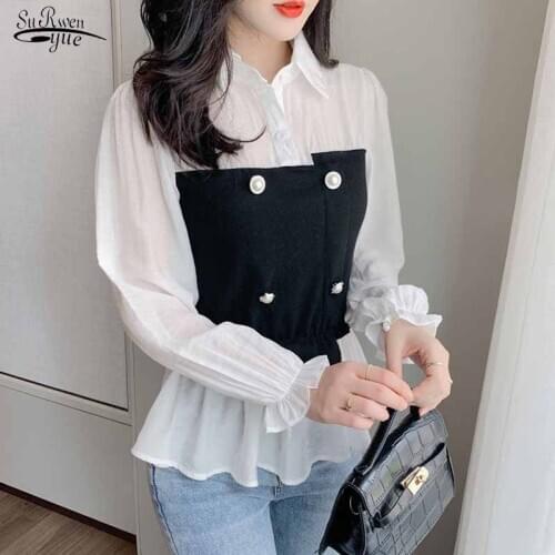 2021 Long Lantern Sleeve Irregular Splicing Blouse Autumn New Fashion Women Turn-down Collar Button Clothing Women Blusas 10538