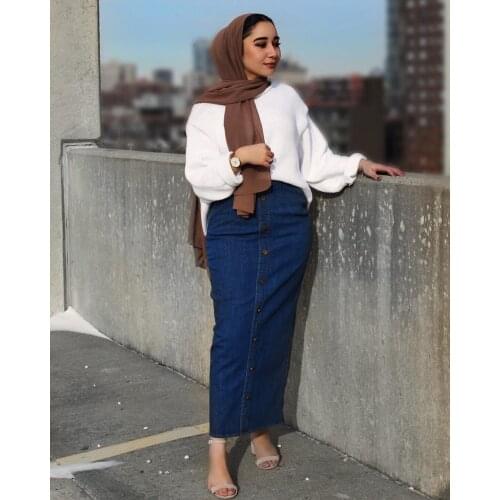 Jupes Mode femme Plus Size Muslim Skirts Dubai Women Long Denim Skirt Turkish Islamic Casual Jeans Bodycon Maxi Skirts WY122
