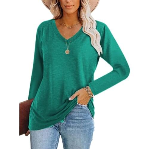 2021 Women Spring Autumn T-Shirts Casual Loose Solid Color V-Neck Long Sleeve Tops Female Pullover Base Shirts
