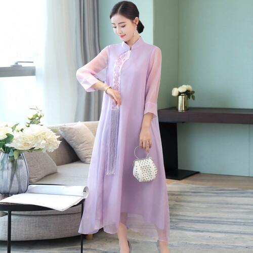 Women Dress Autumn 2019 Robe Vintage Femme Mandarin Collar Vestidos Loose Long Dress Tassels Elegant Chinese Dresses AA4665