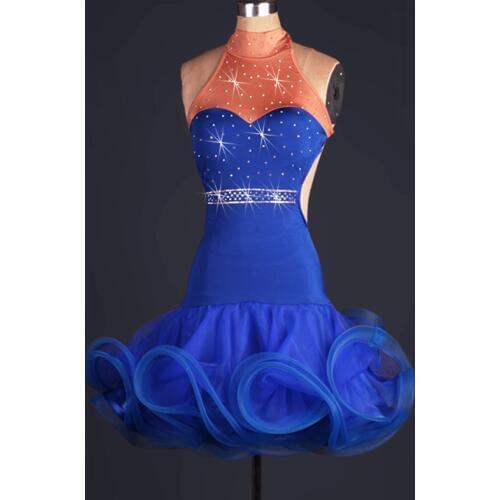 Royal blue sexy Latin Dance Dresses Womens backless Performance Spandex Organza Crystals/Rhinestones Sleeveless Dress