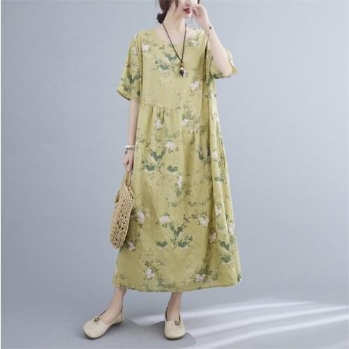 Johnature New Floral Print Vintage Casual Dresses For Women 2021 Summer Loose O-neck Short Sleeve Pockets 3 Colors Female Dress