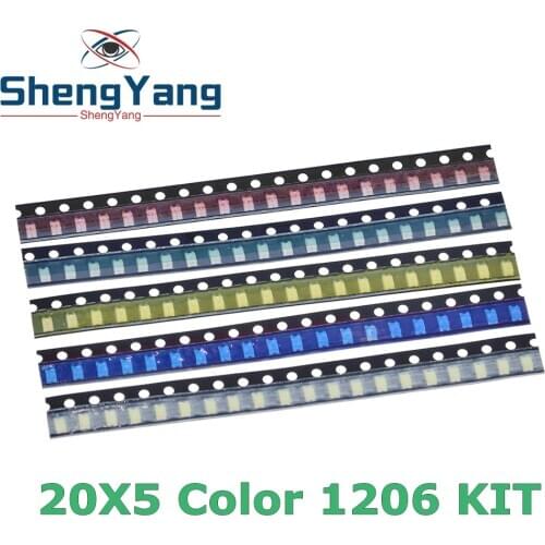 100pcs=5 colors x20pcs 1206 SMD LED light Package Red White Green Blue Yellow 1206 led kit