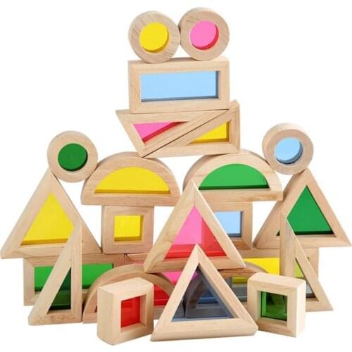 24pcs/set Kaleidoscopic Building Blocks with Colored Acrylic Board Wooden Educational Toys for Kids Children
