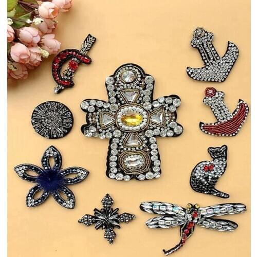 3D Handmade Rhinestone Round Beaded Patches Sew on Cross Anchor Crystal Patch for Clothing Beading Applique Cute Patch