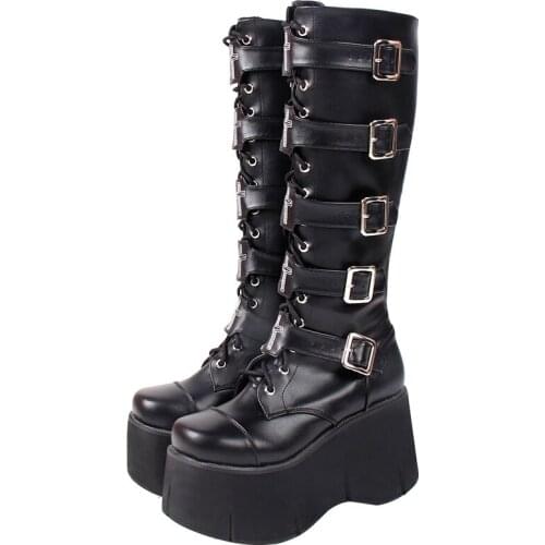 Angelic imprint Women motorcycle cool punk boots lady lolita wedges platform shoes woman Gothic high heels pumps straps 33-47