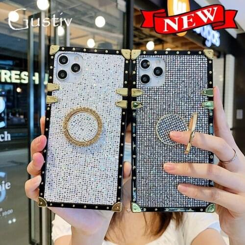 Huawei P30 Lite Bling Glitter Square Phone Case for Huawei P20 P40 Mate 20 20X 30 Pro Luxury Ring Holder Silicone Back Cover