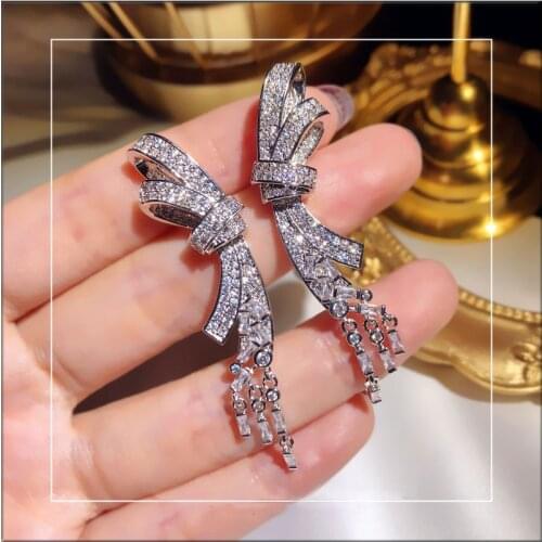 Exquisite and Lovely Silver Glitter Zircon Gemstone Bow Long Tassel Earrings Female Fashion Jewelry Korean Earring Birthday Gift