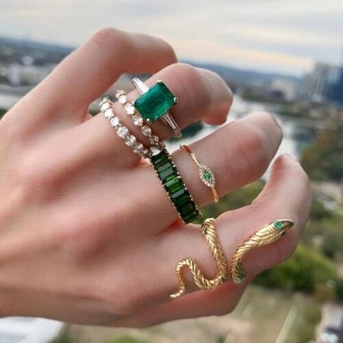 6pcs/set Green Crystal Snake Rings for Women Bohemian Demon Eye Hollow Metal Alloy Gold Ring Set Wedding Jewelry Anillos кольца