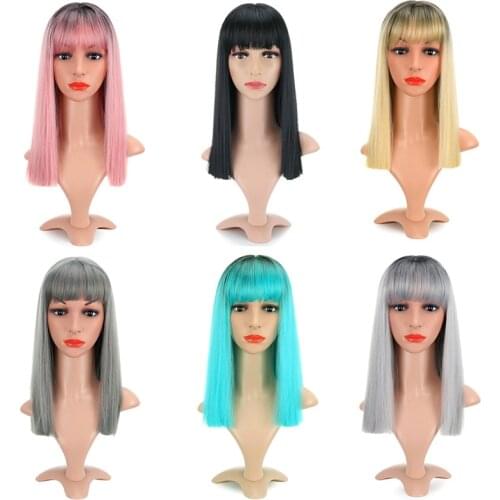 Short Bob Straight Wig With Air Bangs Short Bob Synthetic Heat Resistant Fiber Colorful Ombre Costume Wigs Cosplay Wig 16 Inch