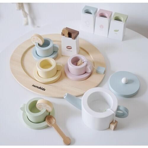 Colorful Wooden Tableware Toy Set Tea Coffee Cup Spoons Tray Kitchen Pretend Role Play Developmental Toy Games