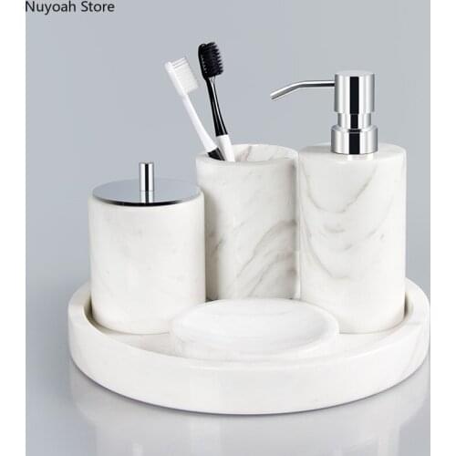 Nordic Bathroom Set Marble Lotion Bottle Cotton Swab Box Mouthwash Cup Storage Tray Soap Dish Household Bathroom Supplies