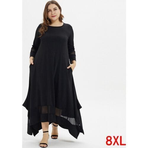 Plus size 4XL 5XL 7XL 8XL bust 132 large size womens dress autumn and winter round neck long sleeve loose stitching black robe