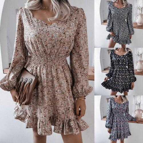 Spring Women Casual Chiffon Dresses Plus Size Print Vintage Tunic Dress Woman Boho Ruffles Mini Harajuku Dress Vestido De Mujer